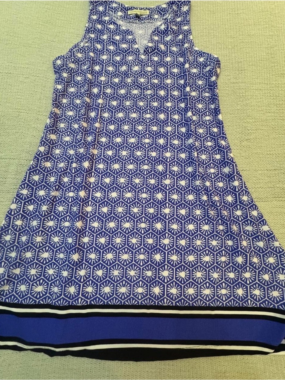 Young Threads New York Sleeveless Blue Geometric A-Line Dress with Contrast Hem
